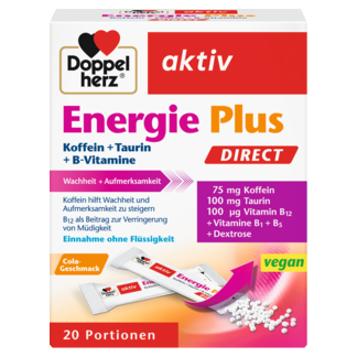 Illustration of the product packaging Doppelherz aktiv Energie Plus DIREKT front view