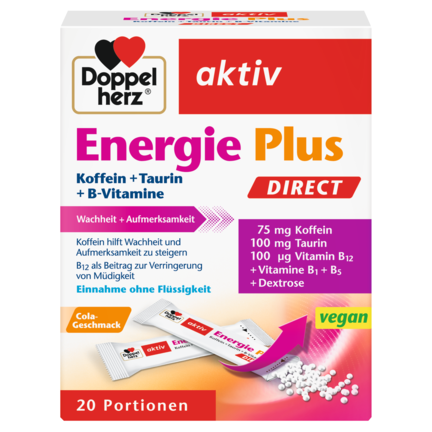Illustration of the product packaging Doppelherz aktiv Energie Plus DIREKT  front view