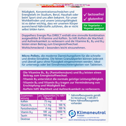 Illustration of the product packaging Doppelherz aktiv Energie Plus DIREKT  rear view