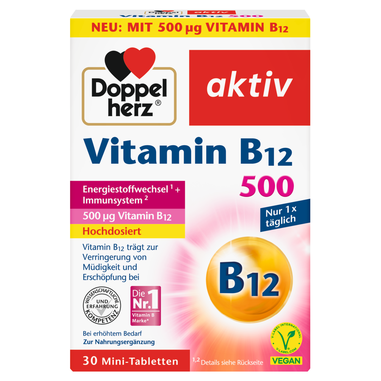 Illustration of the product packaging Doppelherz aktiv Vitamin B12 500 front view