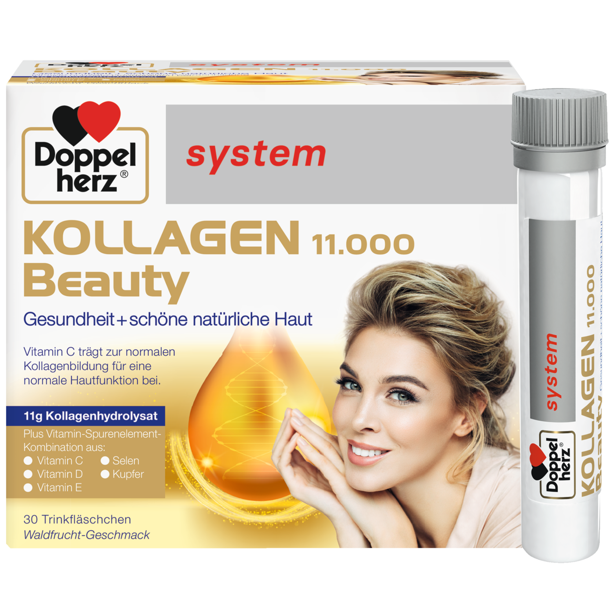 Illustration of the product packaging Doppelherz system KOLAGEN 11.000 za lijepu kožu  front view