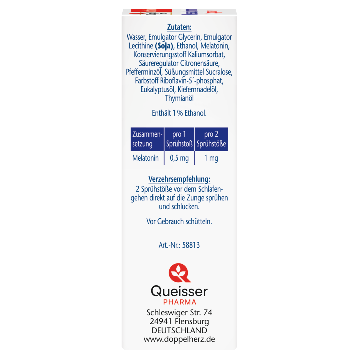 Illustration of the product packaging Doppelherz aktiv Melatonin sprej  side view left