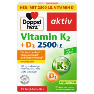 Illustration of the product packaging Doppelherz aktiv Vitamin K2 + D3 2500 IU front view