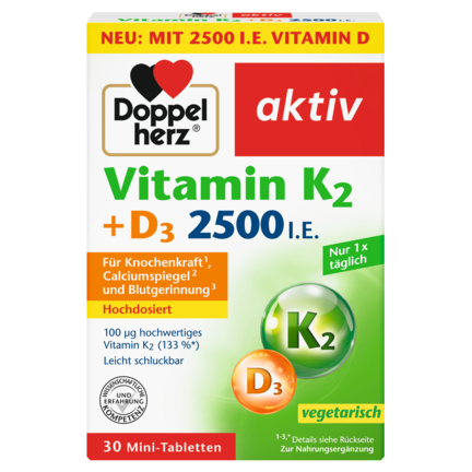 Illustration of the product packaging Doppelherz aktiv Vitamin K2 + D3 2500 IU  front view